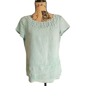 Boden 100% Linen Top Short Sleeve, Beaded Neckline, Turquoise , US Sz 6